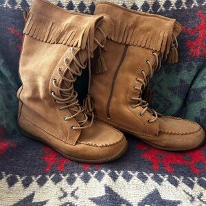 L.L. Bean Tan Lace Up Fringe Boots